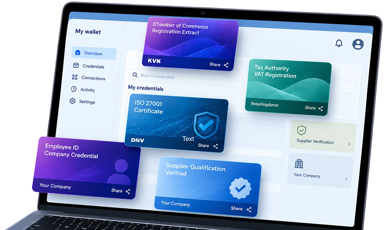 Illustration of how a business wallet could look on a laptop, holding company credentials